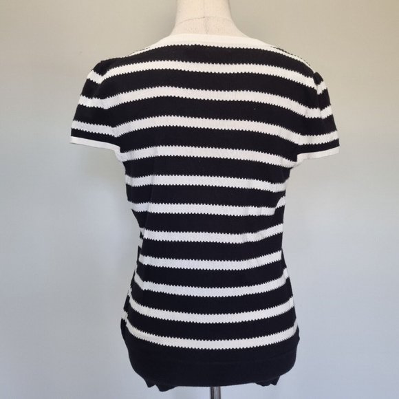 Review Black & White Stripe Bow Detail Cap Sleeve Knit Top Size 14 - Picture 5 of 8